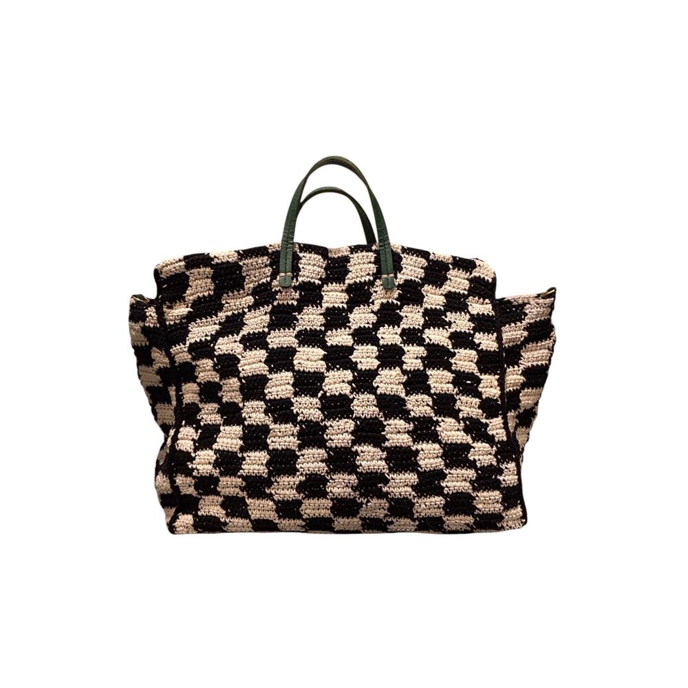 Clare V. Summer Simple Tote Black Cream Crochet Checker Green Handles